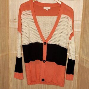 Umgee Womens Orange Black Striped Cardigan Sweater Crochet Detail Small